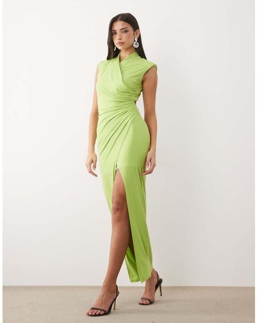 TFNC London Green Slinky Wrap Front Leg Split Open Back Maxi Dress