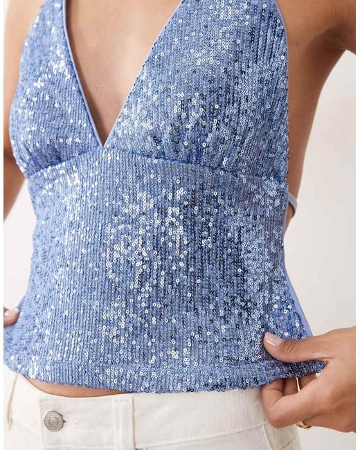 ASOS Blue Sequin Backless Halter Neck Top