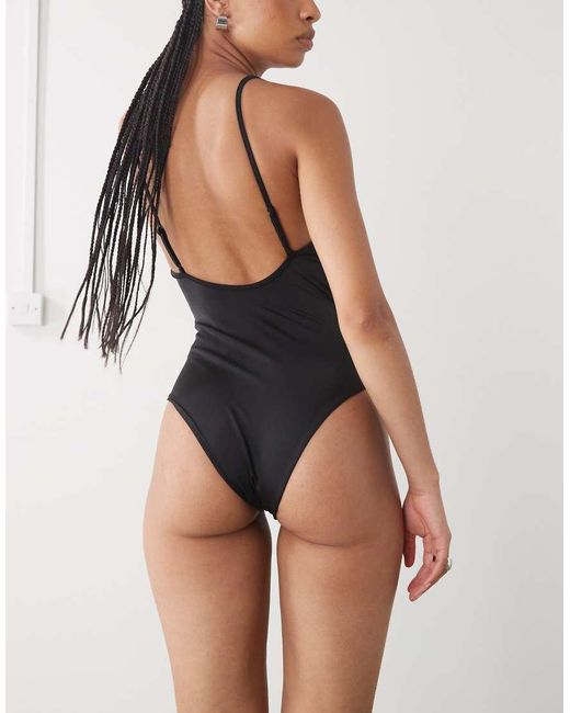 Monki Black Scoop Neck High Leg Swimsuit