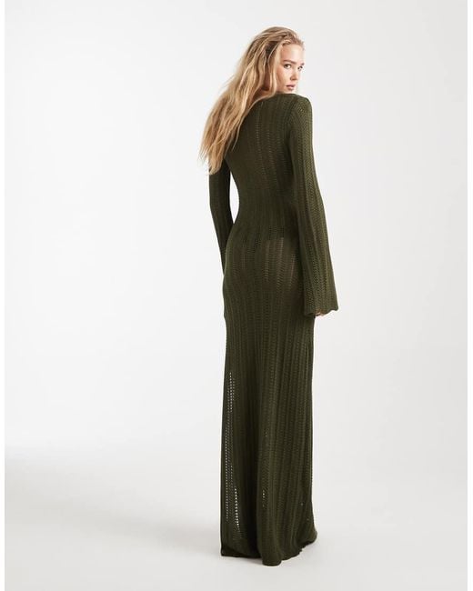 4th & Reckless Green Knitted Keyhole Bead Detail Flare Sleeve Maxi Beach Dress