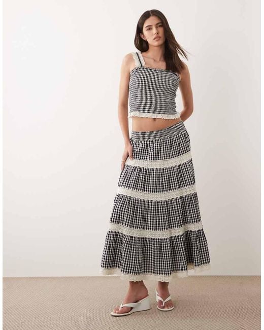 Nobody's Child Gray Leonor Cotton Lace Trim Tiered Maxi Skirt
