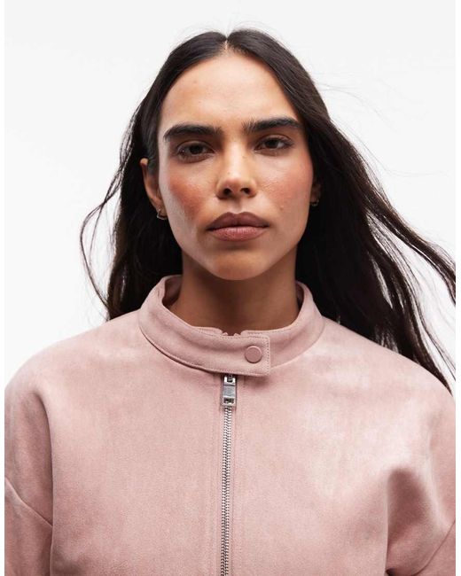 CERNUCCI Pink Faux Suede Cropped Biker Jacket