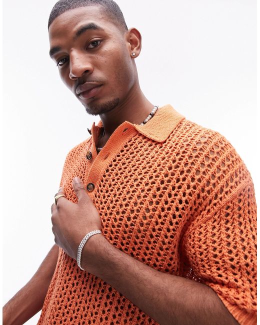Topman Orange Open Crochet Knitted Polo for men