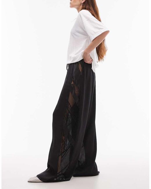 TOPSHOP White Patchwork Lace & Crinkle Satin Wide Leg Pants