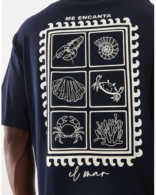SELECTED Blue Relaxed Fit T-shirt With Marine Stamp Backprint for men
