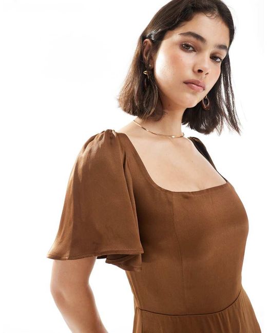 Maids To Measure Brown Bridesmaid Square Neck Flutter Sleeve Maxi Dress
