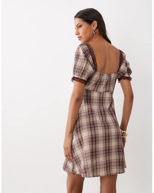 New Look Brown Lace Trim Puff Sleeve Mini Dress