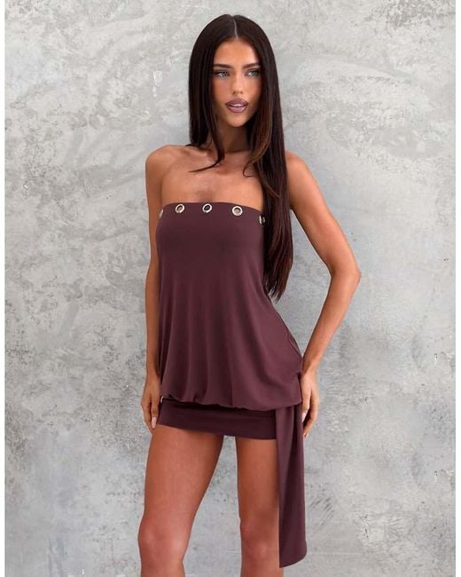 Tiger Mist Purple Ravenna Bandeau Jersey Eyelet Detail Cinched Skirt Drape Detail Mini Dress
