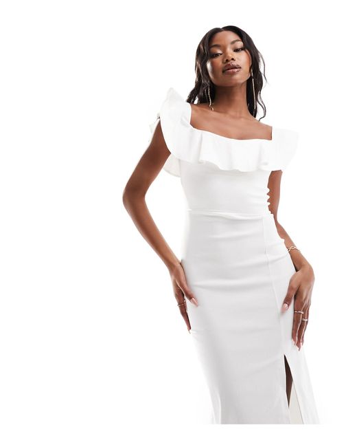 Vesper White Frill Sleeve Side Split Midi Dress