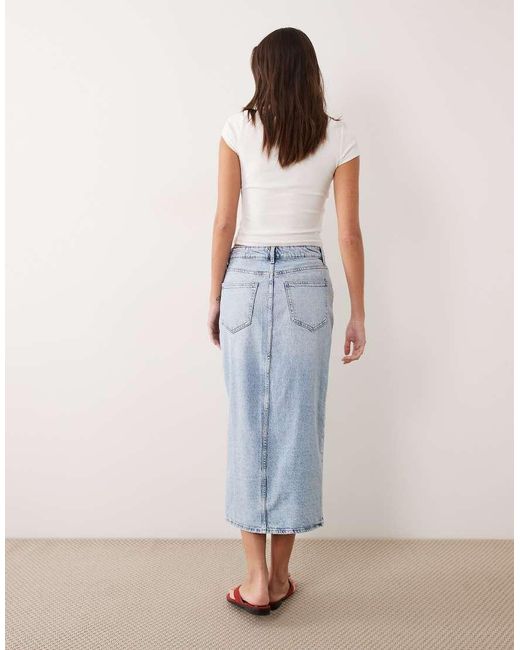 Vila Blue High Waisted Denim Front Split Midi Skirt