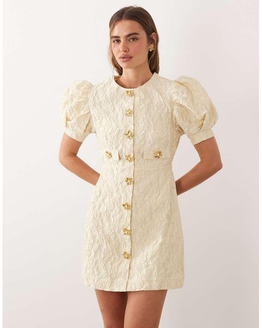 Sister Jane Natural Anemone Exclusive Jacquard Round Neck Puff Sleeve Mini Dress
