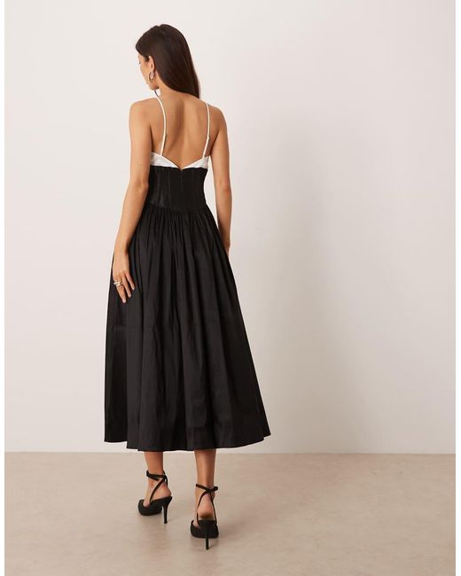 For Love & Lemons Natural Contrast Bow Bodice Skater Midi Dress