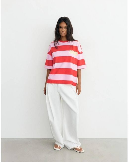 Pull&Bear Red Oversize Striped Graphic T-shirt