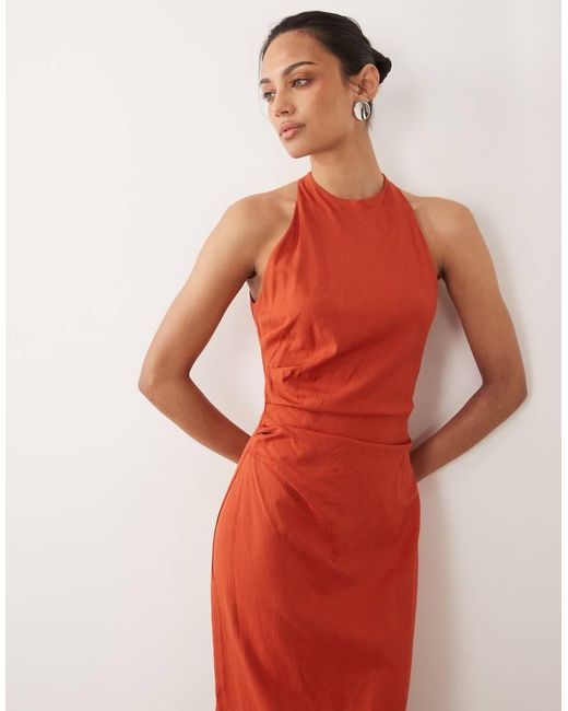 Mango Orange Halter Neck Sleeveless Dress With Drape Detail