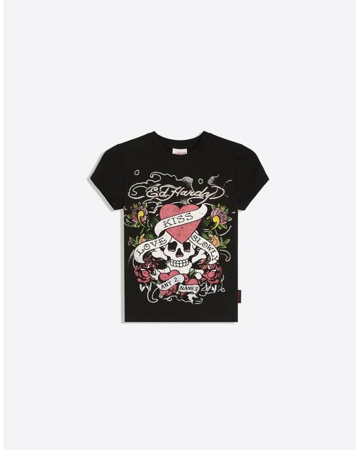 Bershka Black Short Sleeve Ed Hardy Print T-shirt