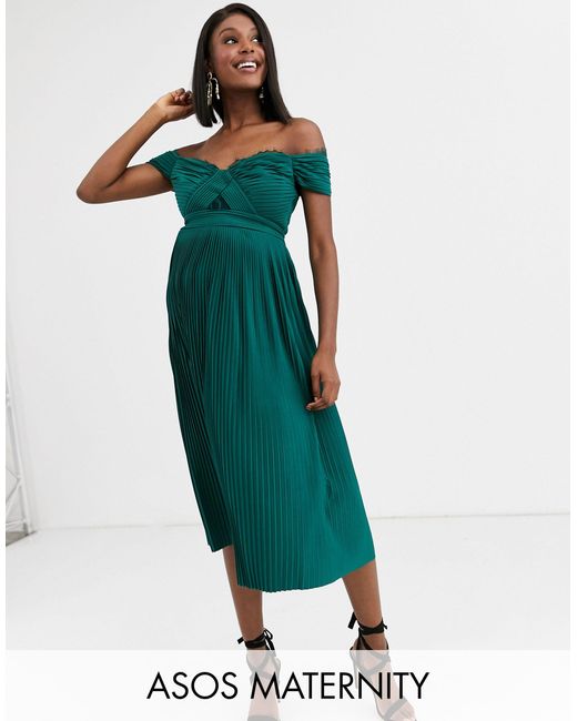 pleated bardot midi dress