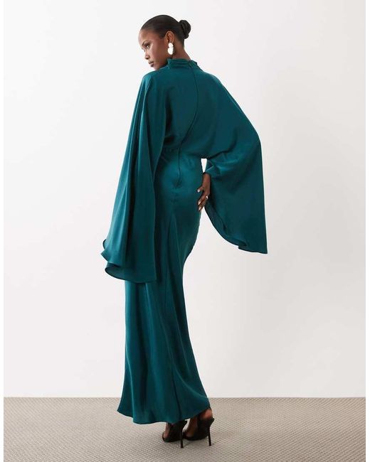 ASOS Blue Funnel Neck Satin Maxi Dress With exaggerated Sleeves