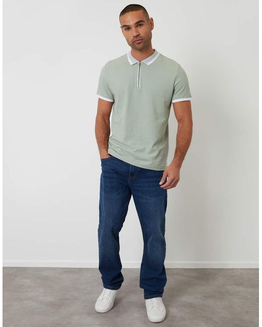 Threadbare Green Cotton Tipping Collar Quarter Zip Pique Polo Shirt for men