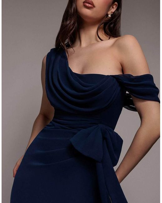 Goddiva Blue One Shoulder Cowl With Bow Detail Maxi Dress