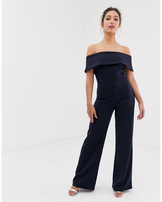navy blue off the shoulder jumpsuit