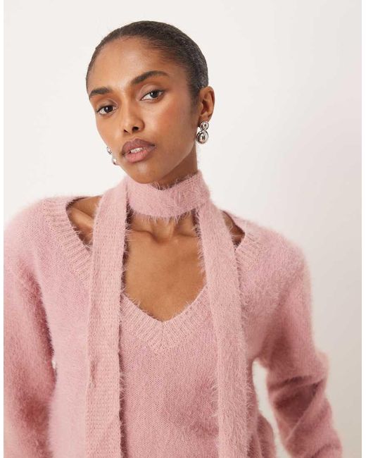 Motel Pink Dikara V-neck Fluffy Slouchy Jumper With Matching Scarf