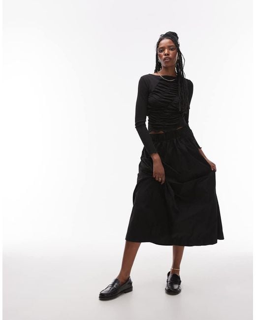 TOPSHOP Black Long Sleeve Shirred Top