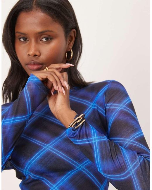 ASOS Blue Gauzy Sheer Check Printed Long Sleeve Top