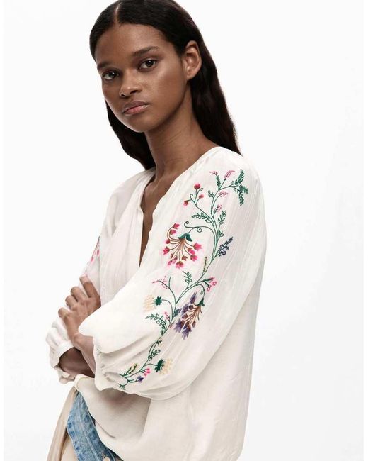 Desigual White Blouse Embroidered Sleeves