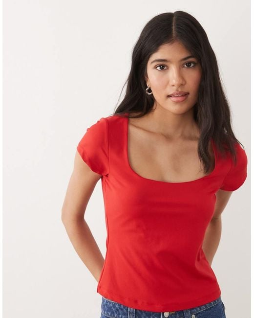 ASOS Red Polyamide Scoop Neck Short Sleeve Top