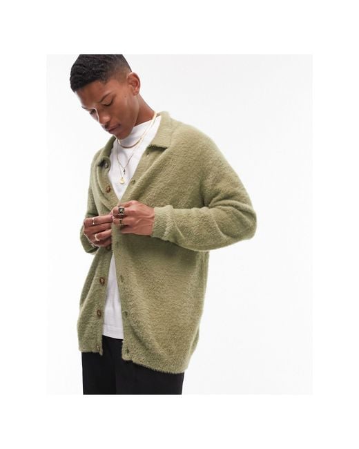 TOPMAN Fluffy Knit Cardigan in Green for Men | Lyst Canada