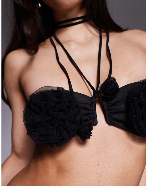 ASOS Black Sage Premium Halter Bandeau Bikini Top With U-Wire And 3D Flowers