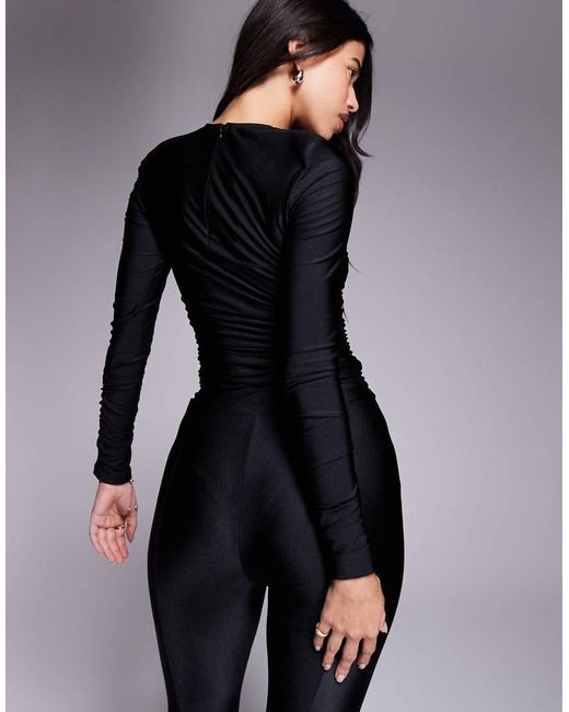 Ruched & Ready Black Sculpting High Shine Padded Shoulder Detail Bodysuit Mix And Match Co-Ord