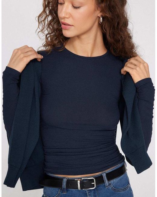 Tezenis Blue Long Sleeve Round Neck Ribbed Top