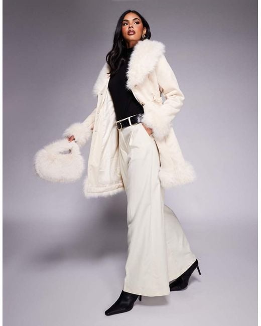 Princess Polly Gray Simmer Lane Suedette Faux Fur Trim Belted Longline Penny Lane Coat