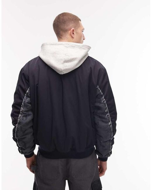 Weekday Black Bomber Jacket With Jersey Hood And Contrast Camo Graphic Sleeves for men