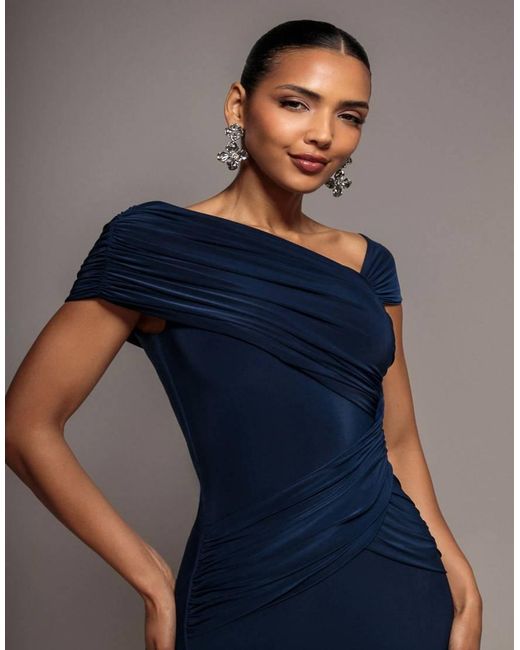 Goddiva Blue Asymmetric Neck Gathered Waist Maxi Dress