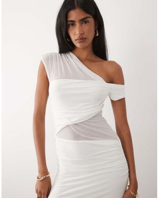 ASOS Natural Fallen Shoulder Mesh Sheer Panelled Maxi Dress
