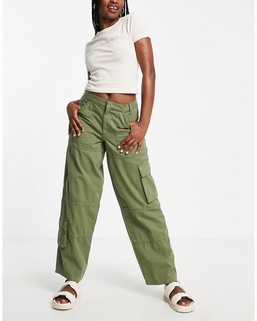 TOPSHOP Denim Relaxed Low Slung Cargo Trousers in Green | Lyst