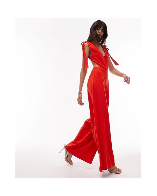 TOPSHOP Red Deep V Neck Tie Shoulder Jumpsuit