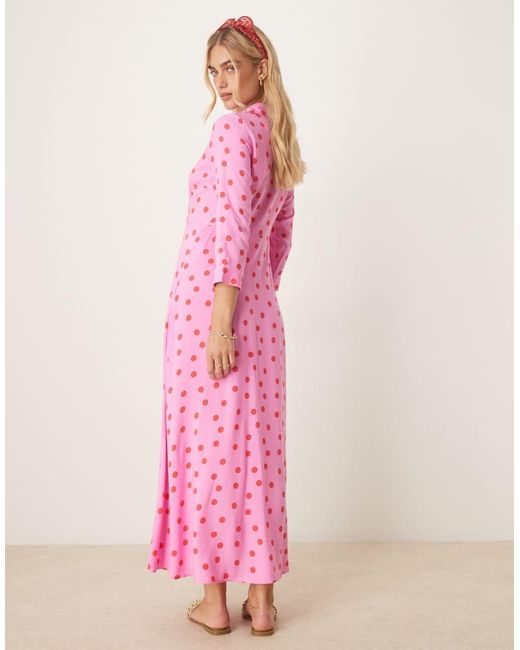 Vestido Camisero Largo Rosa Con Estampado De Lunares Rojos De Y.A.S de color Pink