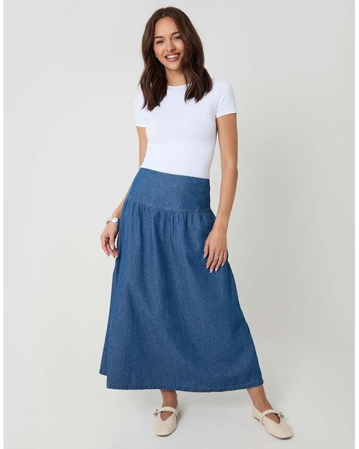 Threadbare Blue Dropped Waist Denim Maxi Skirt