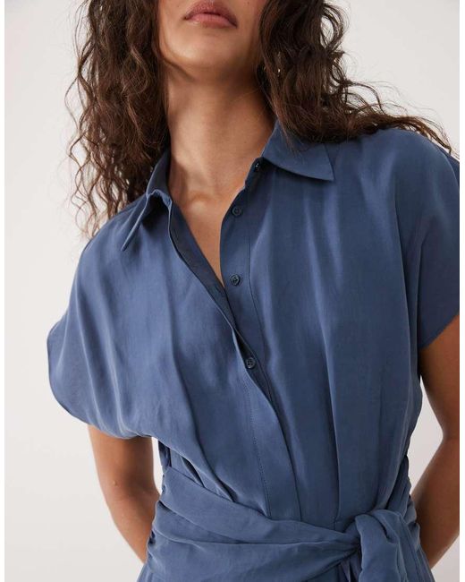 Mango Blue Midi Shirt Dress With Tie Waist