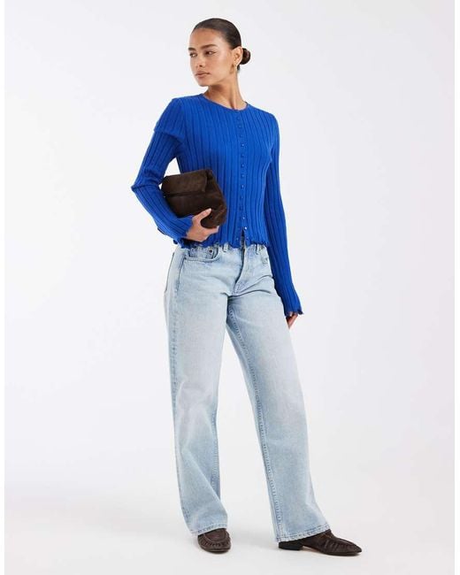ASOS Blue Wide Rib Knit Frill Cuff And Hem Cardigan