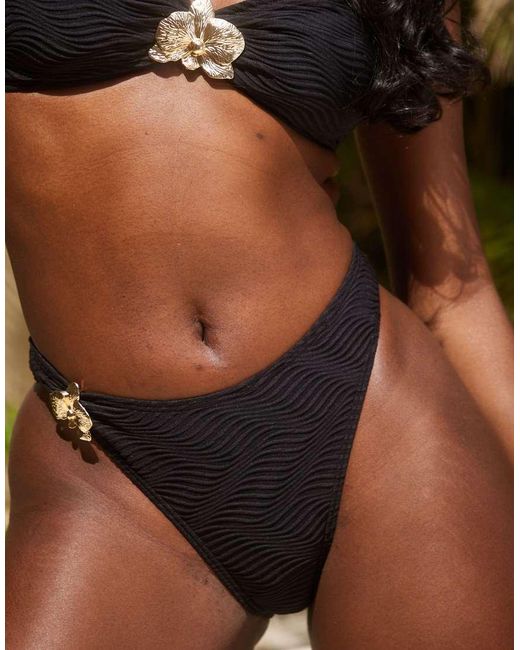 South Beach Green Textured Wave Bikini Bottom With Gold Hardware