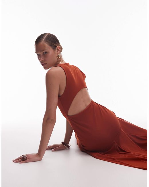 ASOS Red Scoop Neck Maxi Dress With Sheer Godet Skirt