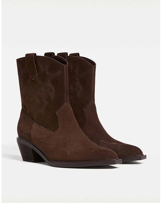 Stradivarius Brown – cowboy-ankle-boots aus spaltleder