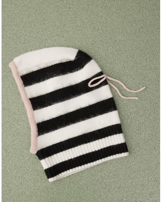 Collusion Black Fluffy Knit Striped Balaclava With Bow Detail