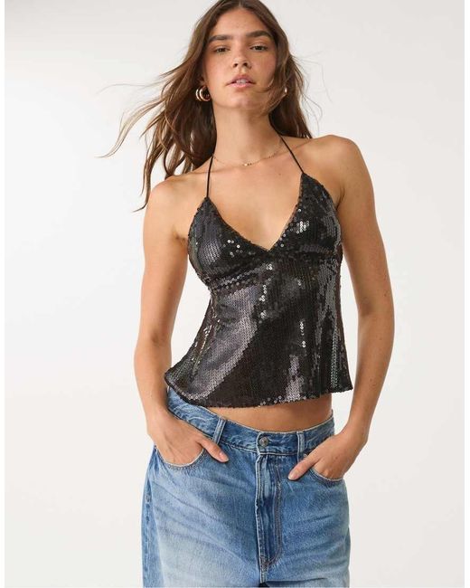 Stradivarius Blue Sequin Halter Top