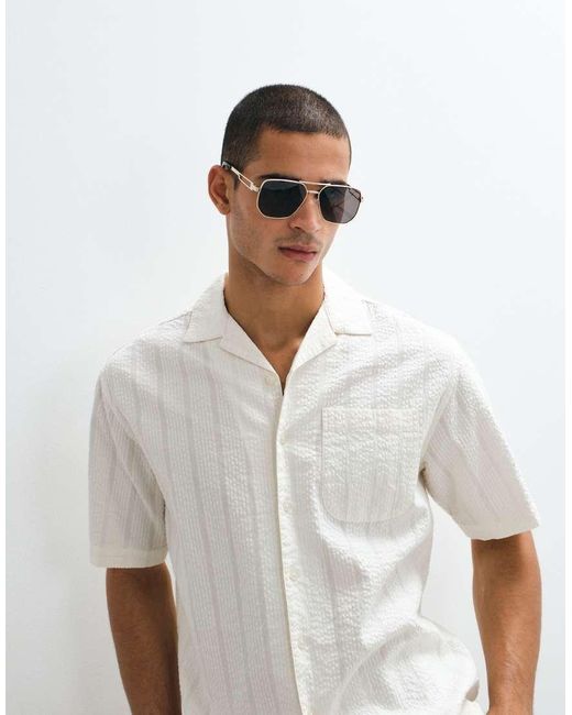 Redefined Rebel White Shai Boxy Fit Short Sleeve Textured Seersucker Shirt for men