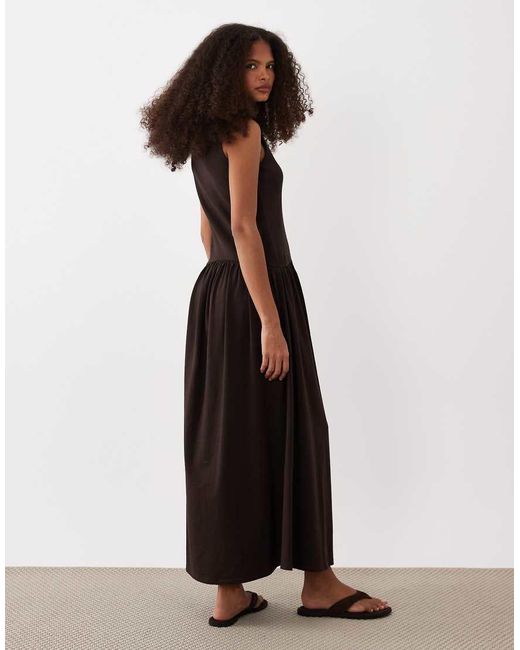 ASOS Brown Rib Mix Midi Dress With Drop Waist